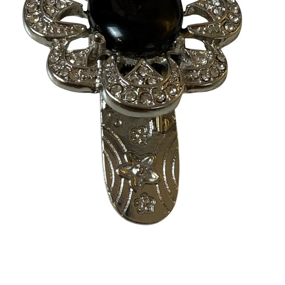 Vtg Art Deco Silver Tone Hair Clip Black Cat Eye Glass Victorian Gothic 4 Inch